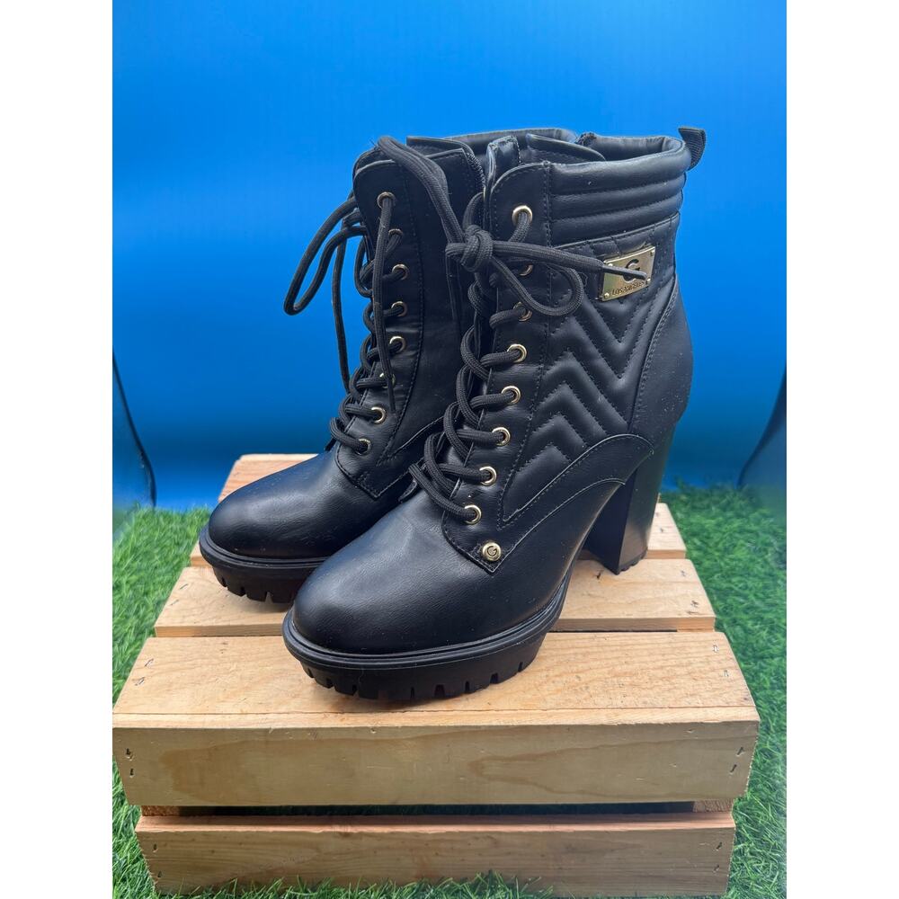 G by GUESS Women's Sellia Black Quilted Heeled Combat Boots - Size 7M